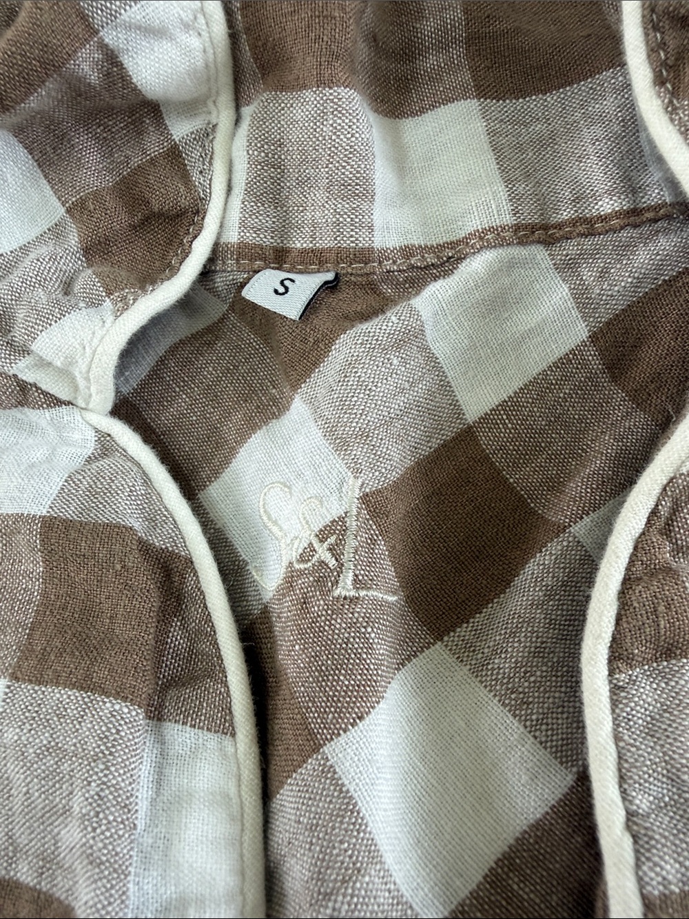 Serena & Lily Cream and Tan Gingham Cotton Pajama Set - Notched Collar - Picture 3 of 3